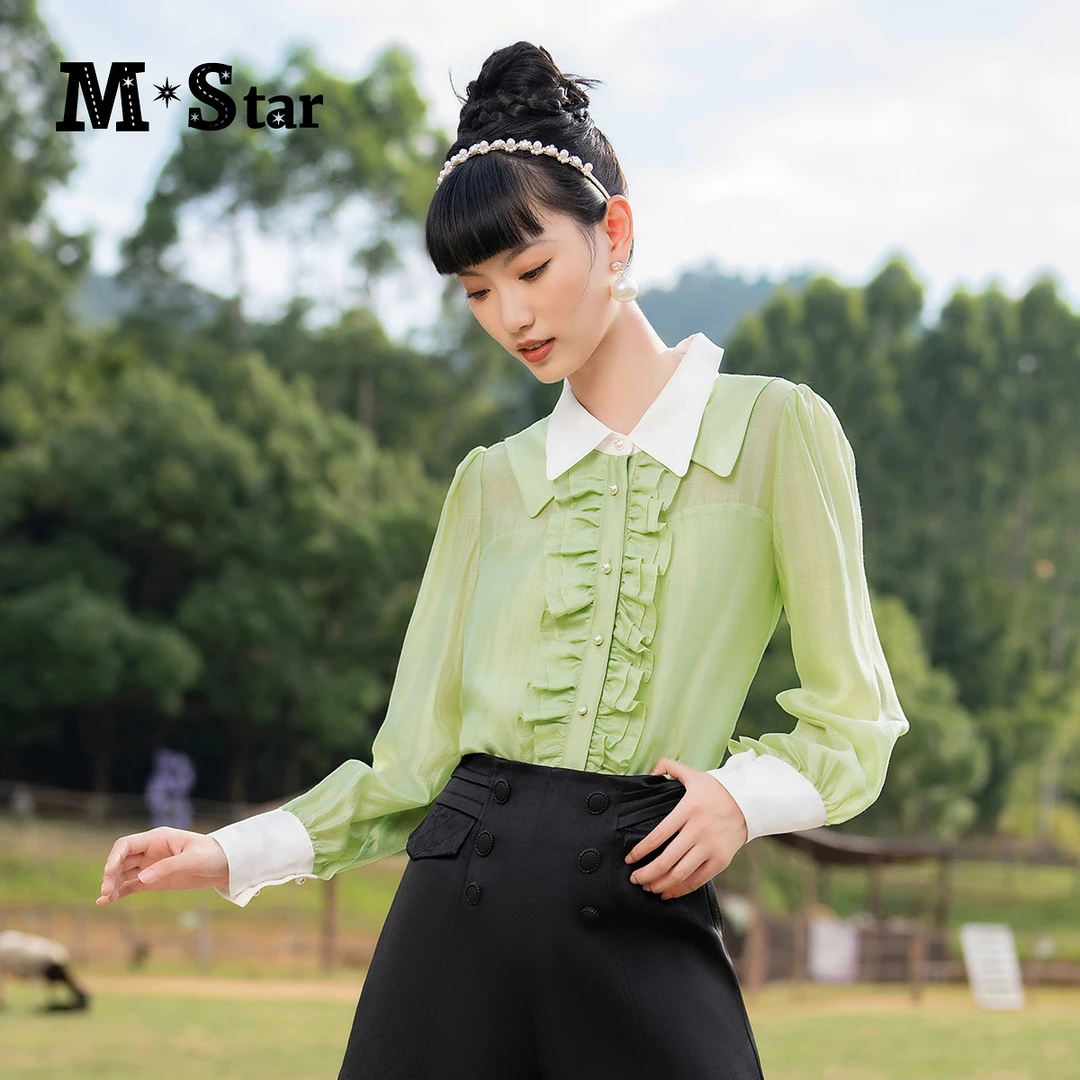 【程钱钱】M-Star荷叶边长袖衬衫小众SFES112633
