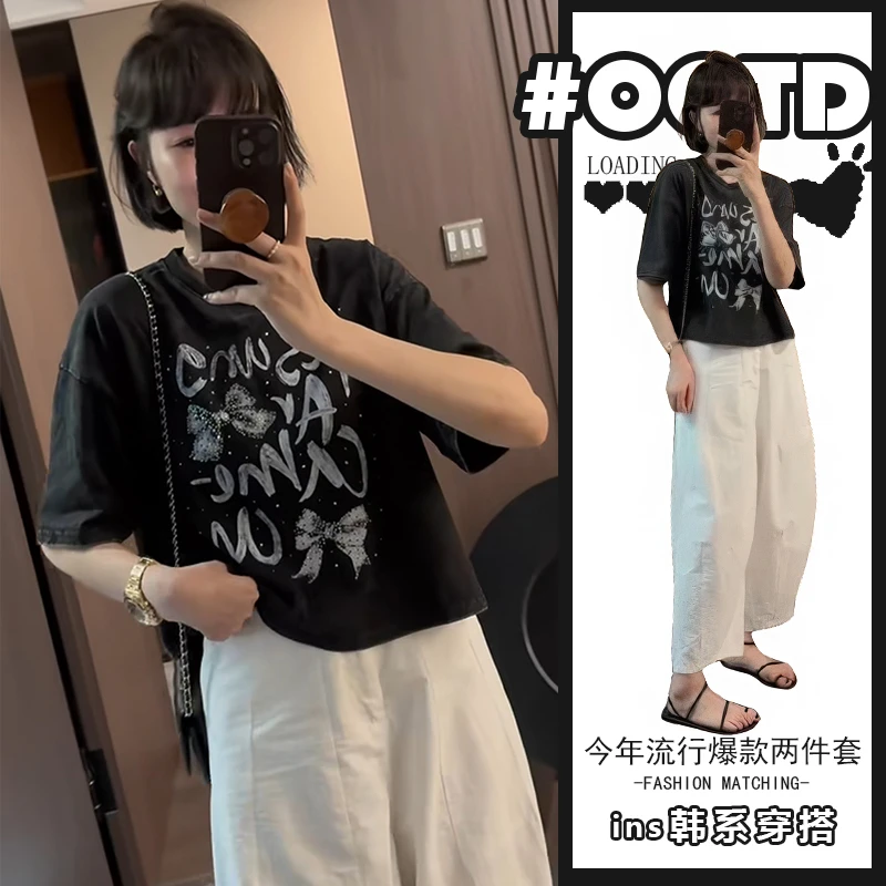 夏季穿搭一整套韩式蝴蝶结印花短袖T恤上衣百搭显瘦休闲裤两件套