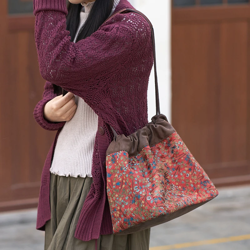 中国风棉麻手提布包女文艺包包帆布单肩包休闲水桶包韩版斜挎包