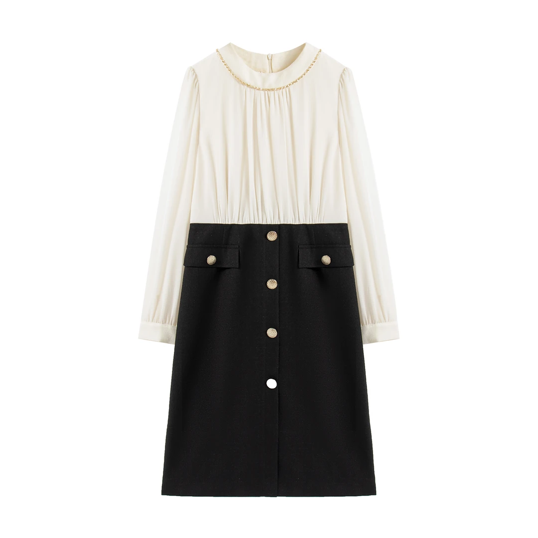 【南油虹姐】早秋新款时尚优雅拼接撞色气质连衣裙