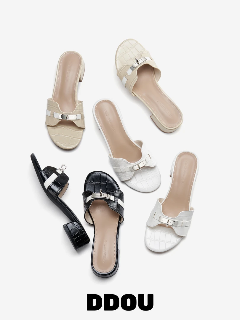 DDOU小银扣鳄鱼纹韩版一字高跟拖鞋女夏季软底沙滩中跟凉鞋外穿
