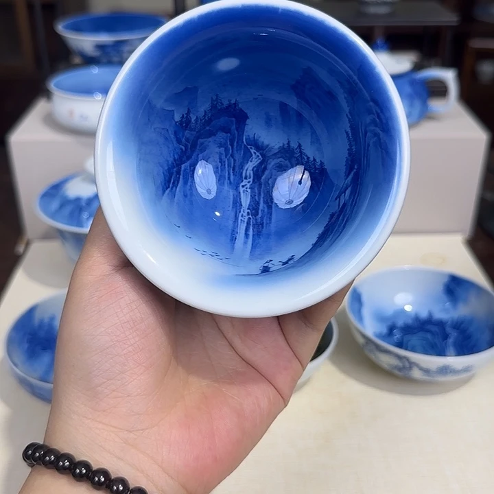 瓷片青花山水夜景杯杯