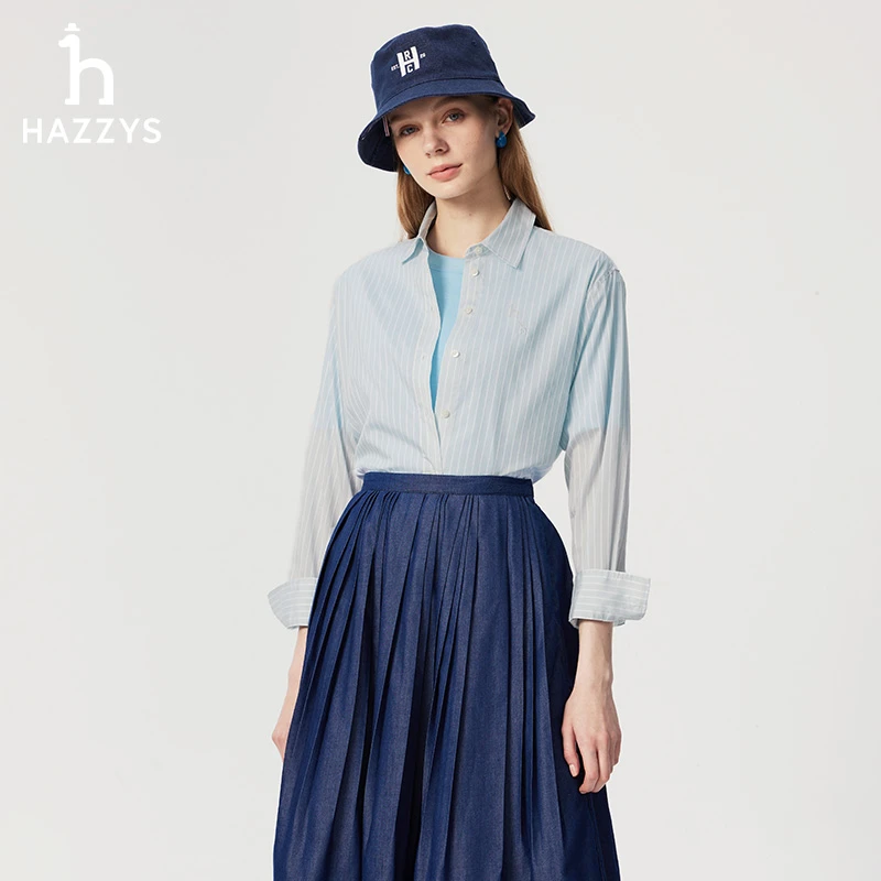 【商场同款】Hazzys哈吉斯女士春季条纹衬衫长袖时尚休闲衬衣