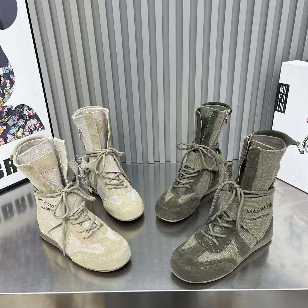 2025新款帆布厚底夏季短靴户外中筒马丁靴复古内增高废土风工装靴