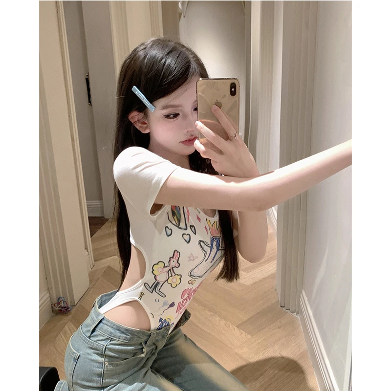 设计感卡通涂鸦短袖修身连体衣白色短款辣妹t恤ins上衣夏季女夏装