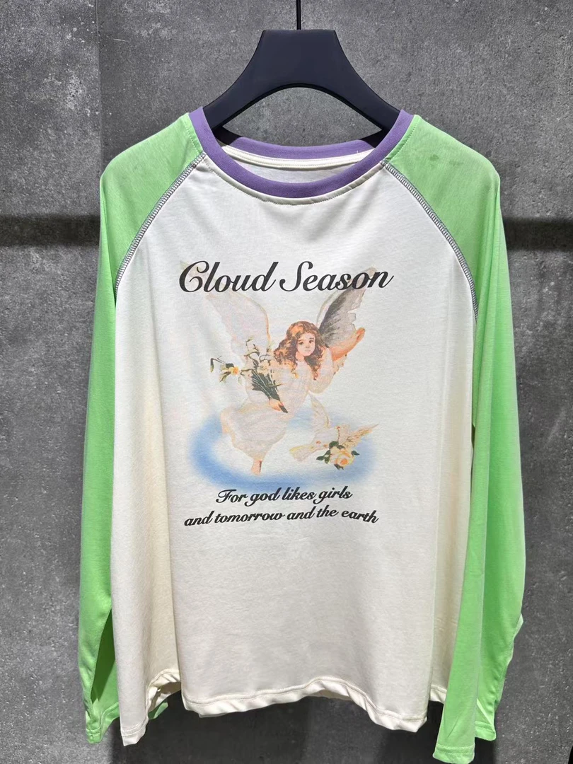 【Ann.G】L30102 天使印花拼色长袖T恤女宽松正肩薄款上衣