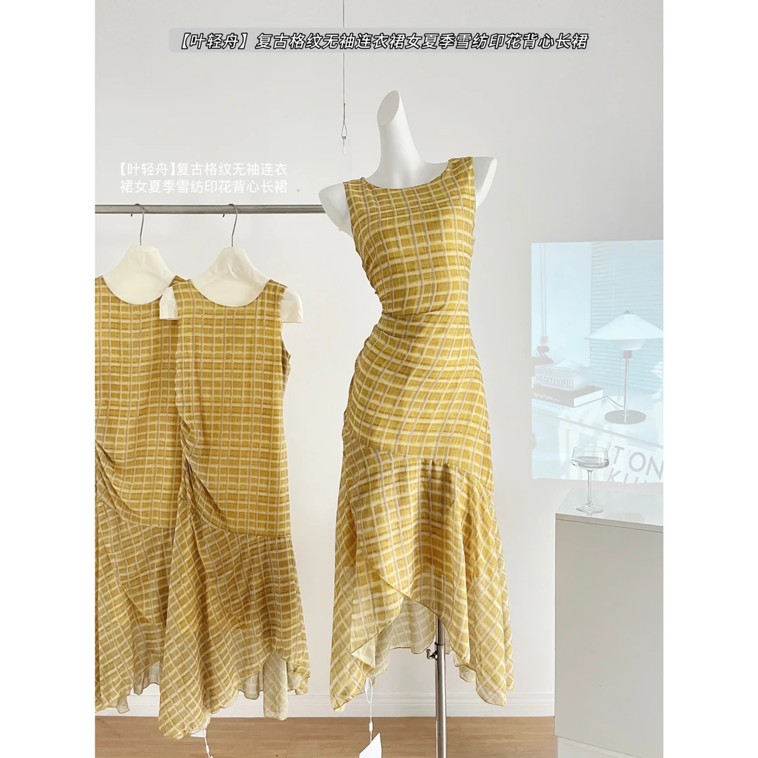 鹭青一原创叶轻舟复古格纹无袖连衣裙女夏季雪纺印花背心长裙
