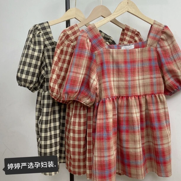 孕妇上衣夏季娃娃衫格子短袖棉麻女夏装宽松洋气上衣