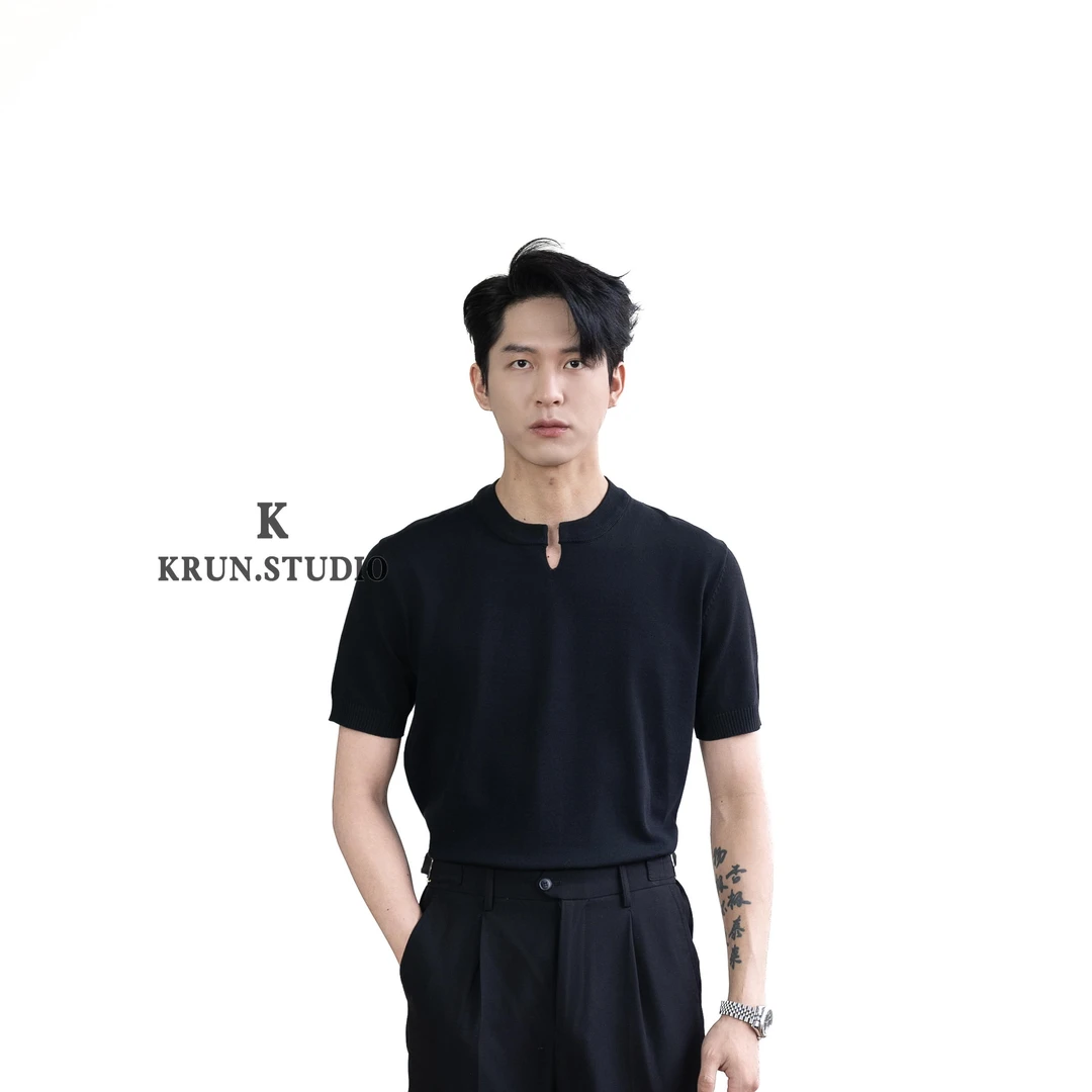 【618】夏款法式慵懒小V领立领针织短袖宽松百搭设计感打底上衣-298