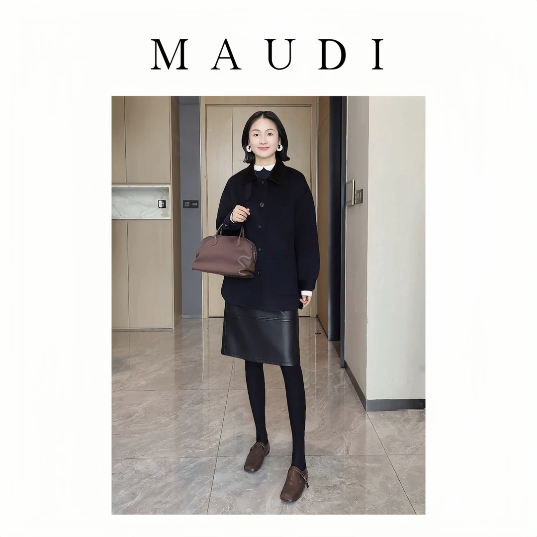 MAUDI法兰西爵士秋冬羊毛羊绒毛呢短大衣外套翻领复古老钱8278
