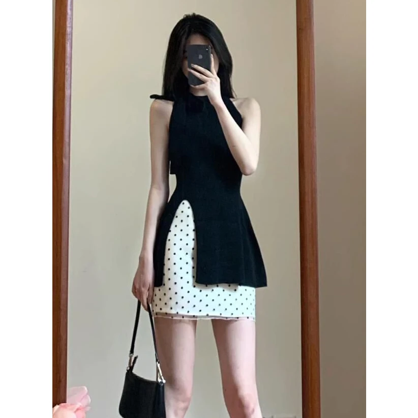 现货 黑色系带蝴蝶结无袖开叉背心女夏季外穿甜辣上衣半身裙套装1