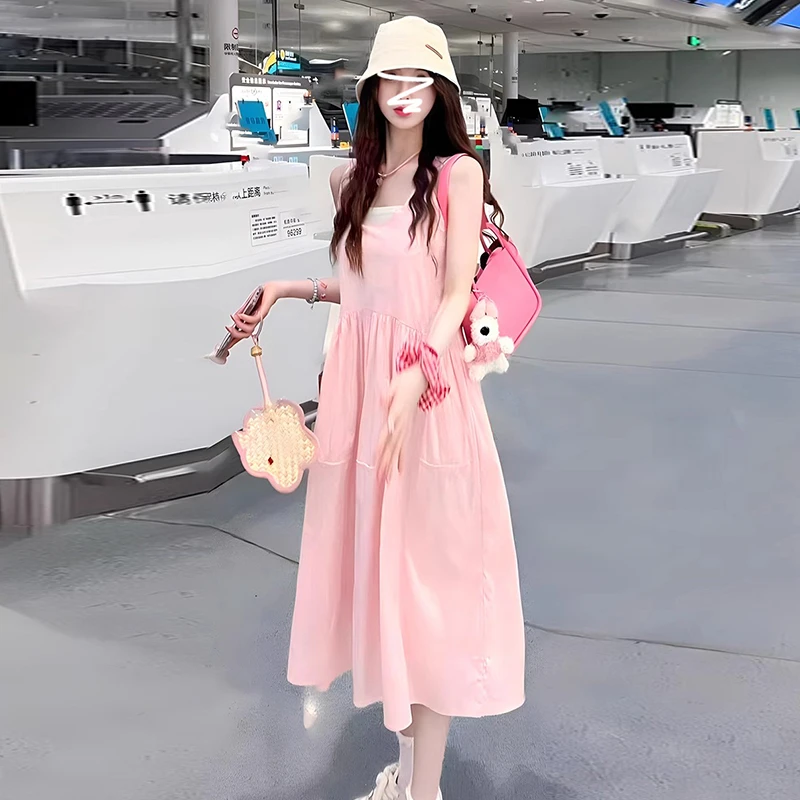 4228小个子粉色无袖背心吊带连衣裙子女夏季新款海边度假法式长裙