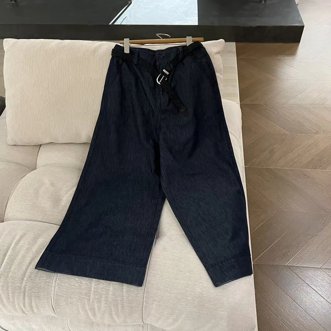 秋季新款复古宽松阔腿带腰带牛仔裤(XL码裤长94）