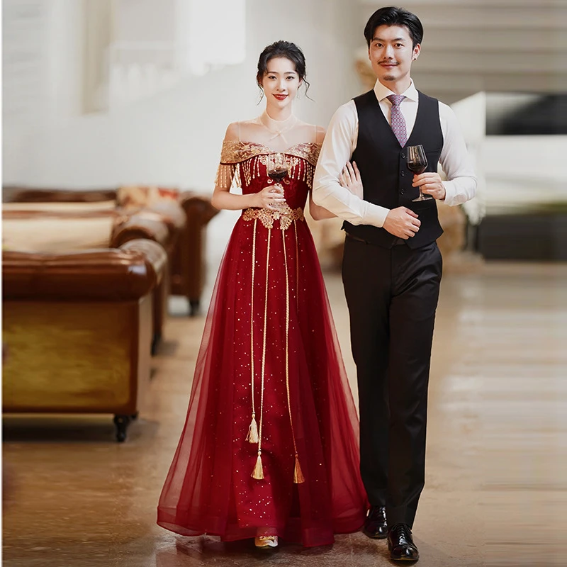 敬酒服新娘2025新款春季酒红色结婚中式秀禾回门订婚订婚礼服女