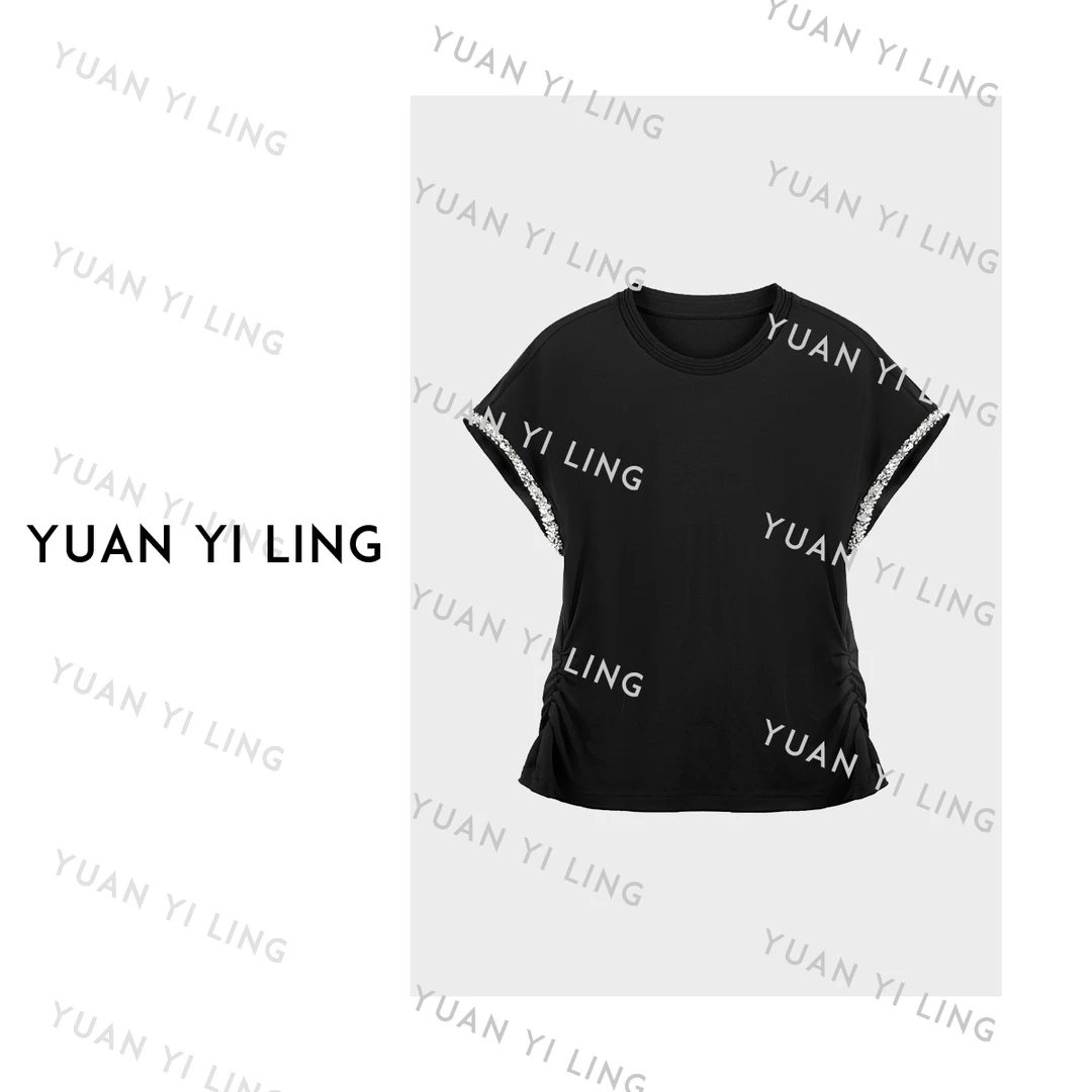 袁艺灵【云朵t】25夏季新款莫代尔重工钉珠收腰包袖黑色T恤
