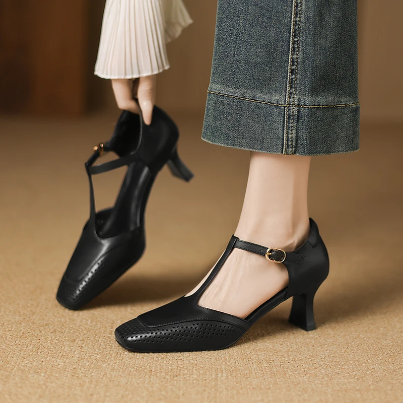 高级感~牛皮6cm包头凉鞋方头丁字扣粗跟高跟鞋中空单鞋温柔配裙子