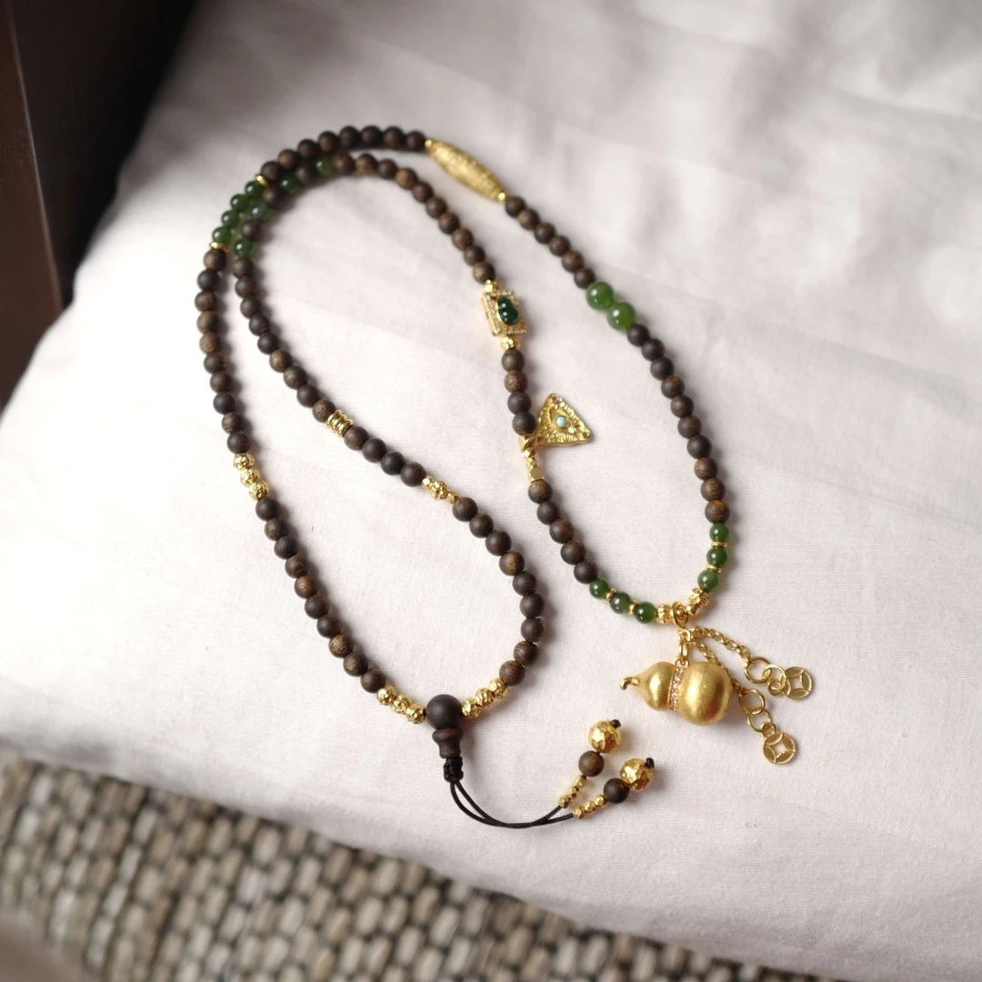 沉香奇楠沉香圆珠葫芦项链