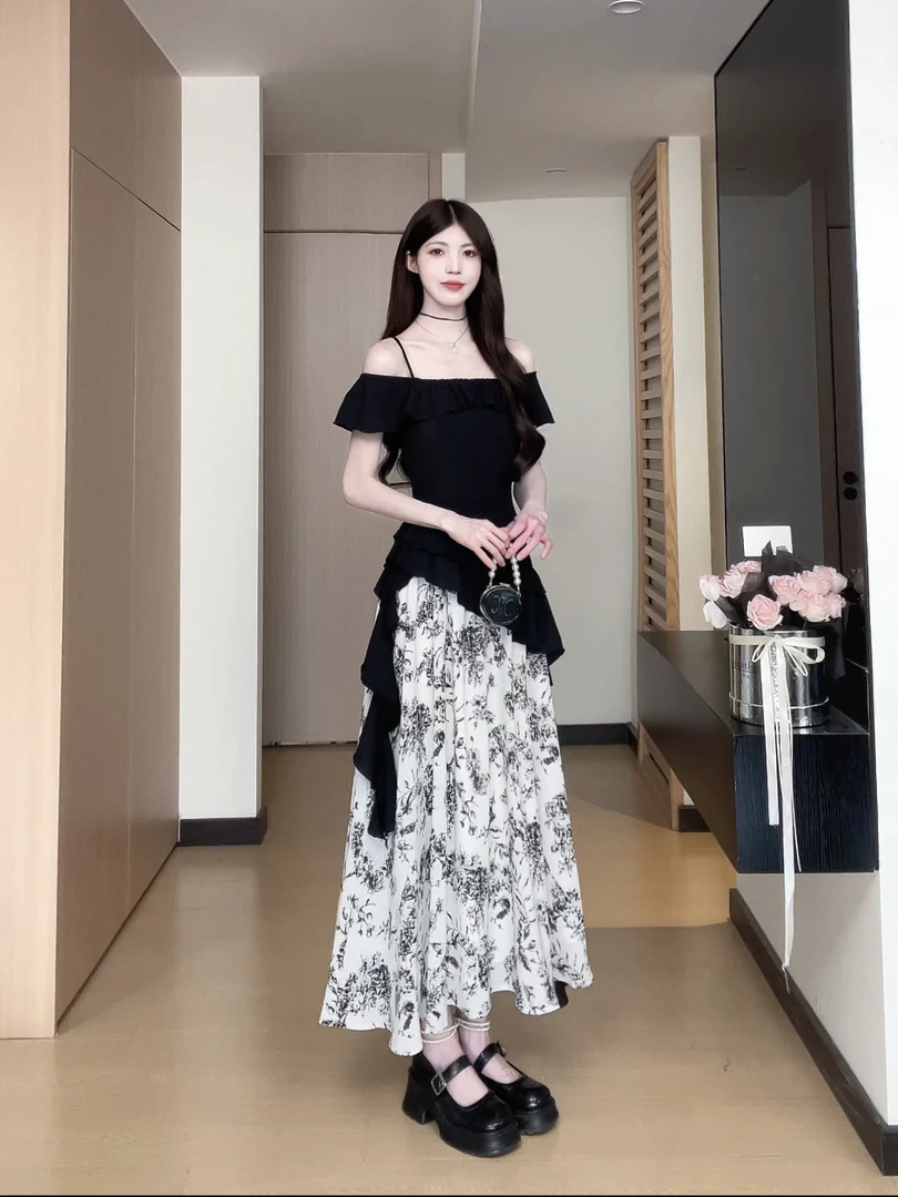 松本丧丧夏季水墨画长裙新中式拼接裙复古夏季连衣裙高贵