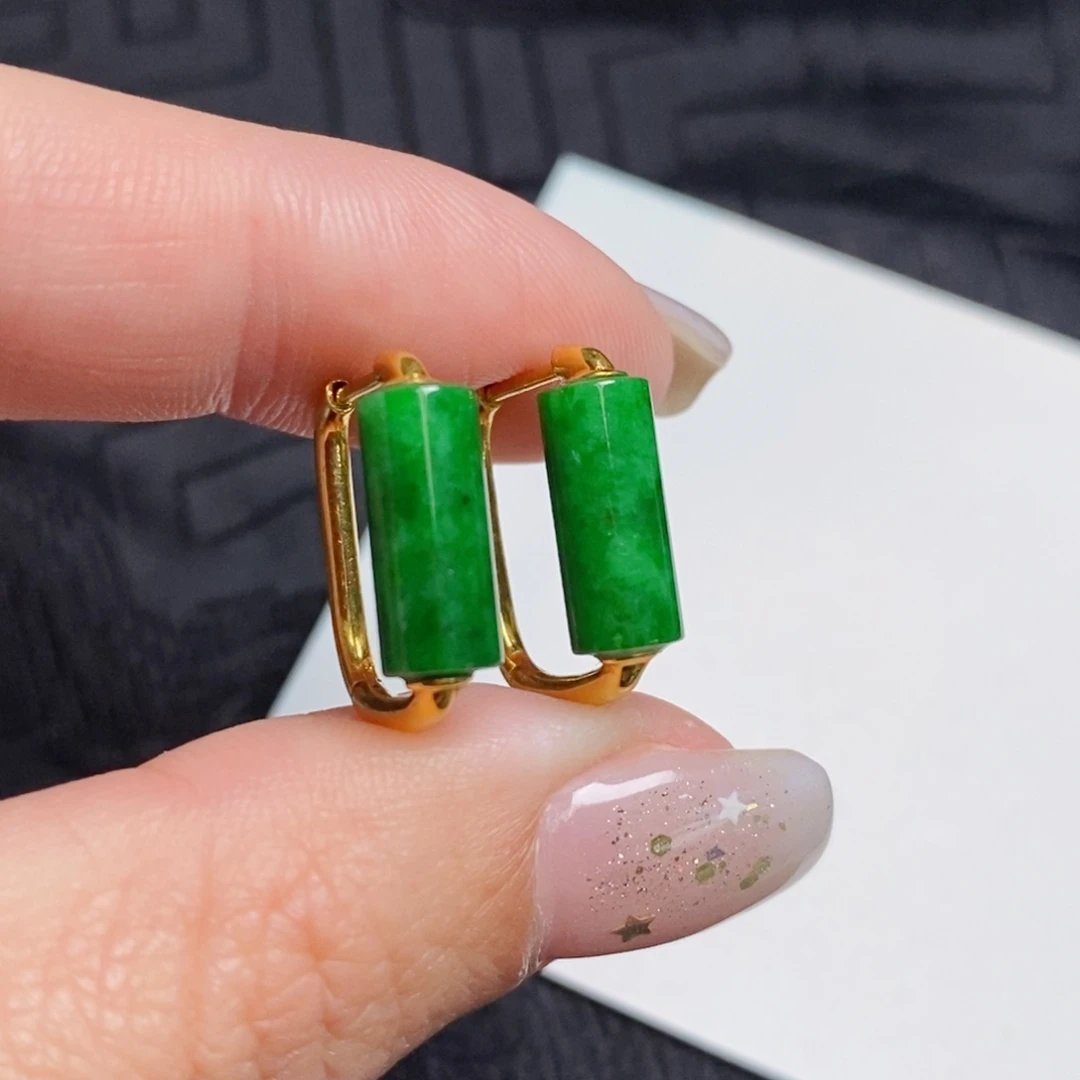 翡翠18K金镶嵌耳饰长桶珠耳扣