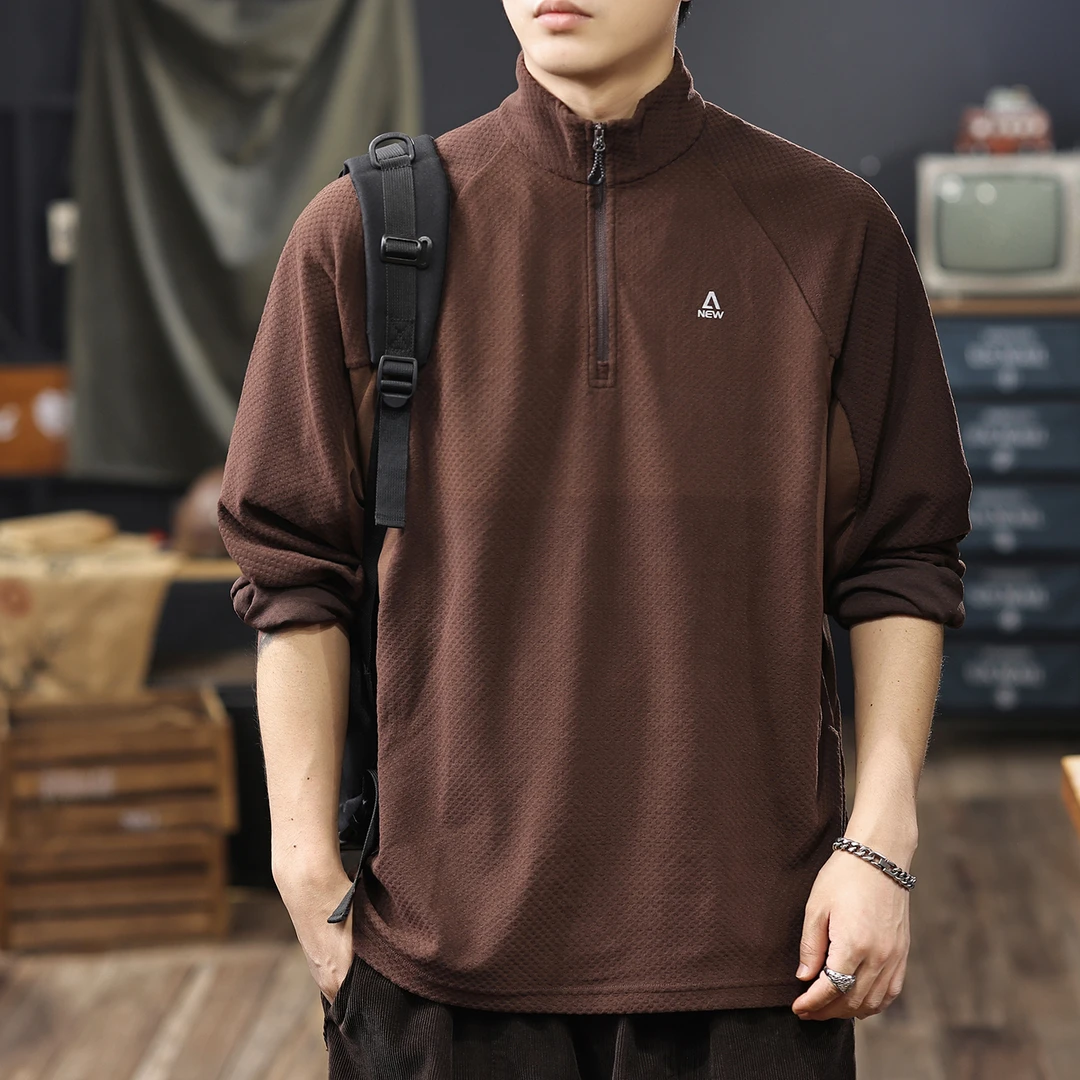 MR.MUDI/穆迪先生肌理感拼接半拉链卫衣男士秋季新款休闲立领外套