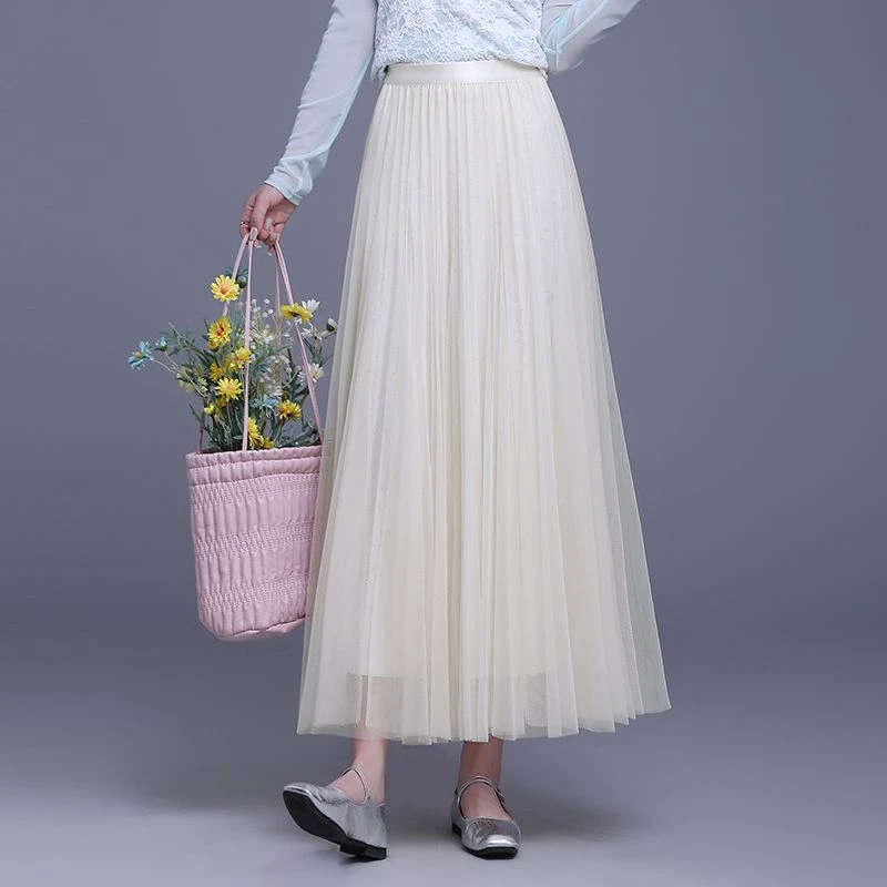 两面穿网纱半身裙女春秋2025新款垂坠感纱裙长裙到脚踝a字百褶裙