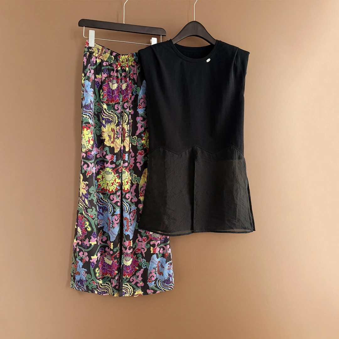 网红爆款时尚套装女夏款圆领正肩网纱设计无袖上衣花色长裤两件套