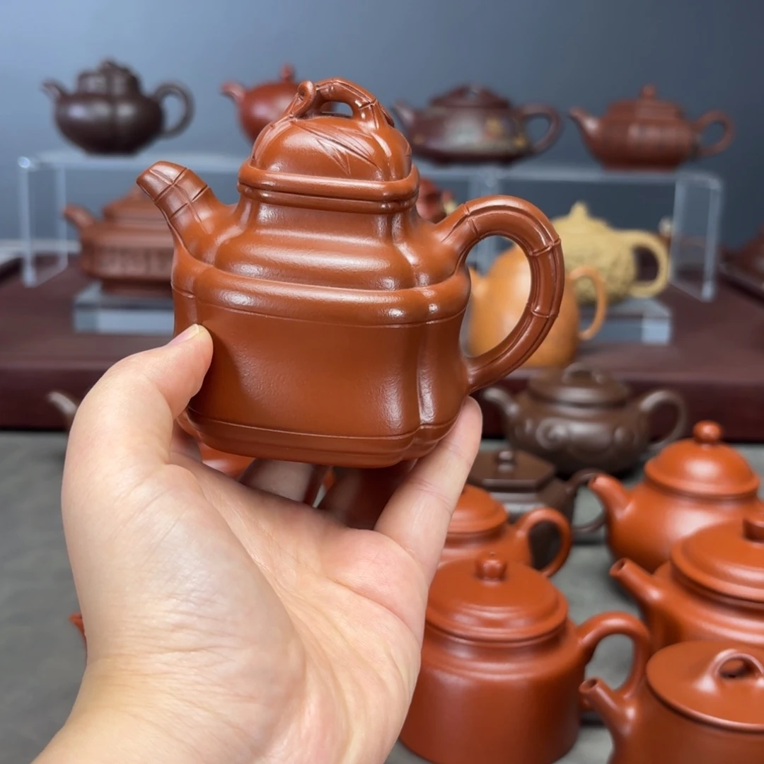 汉***祖茶壶紫砂四方竹鼎240cc朱泥