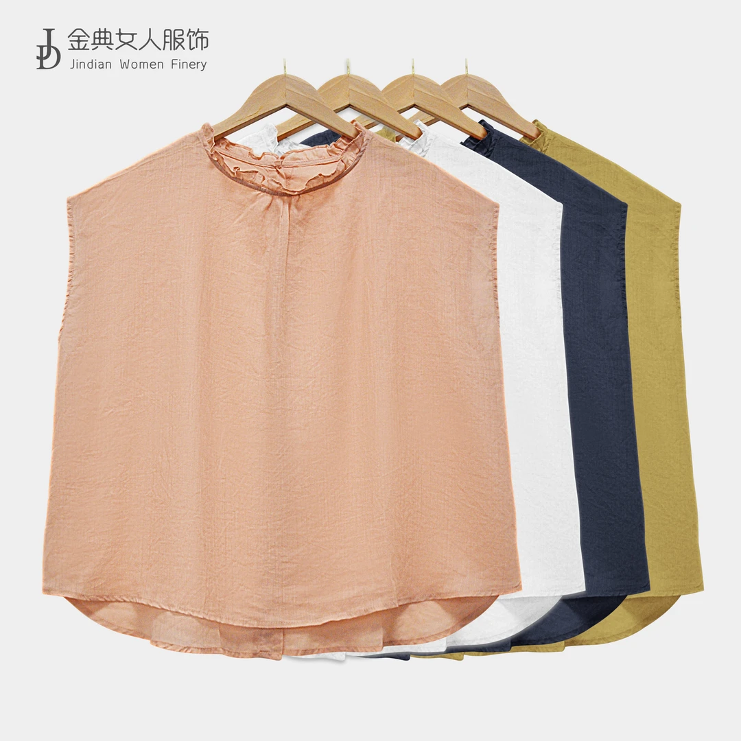 【金典女人服饰】文艺风薄款麻小立领衬衫    百搭后单排扣上衣2572