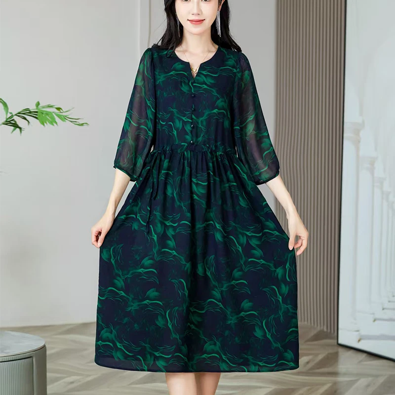 【槿言丝頌】夏季新款女装时尚显瘦百搭收腰连衣裙洋气妈妈装6341