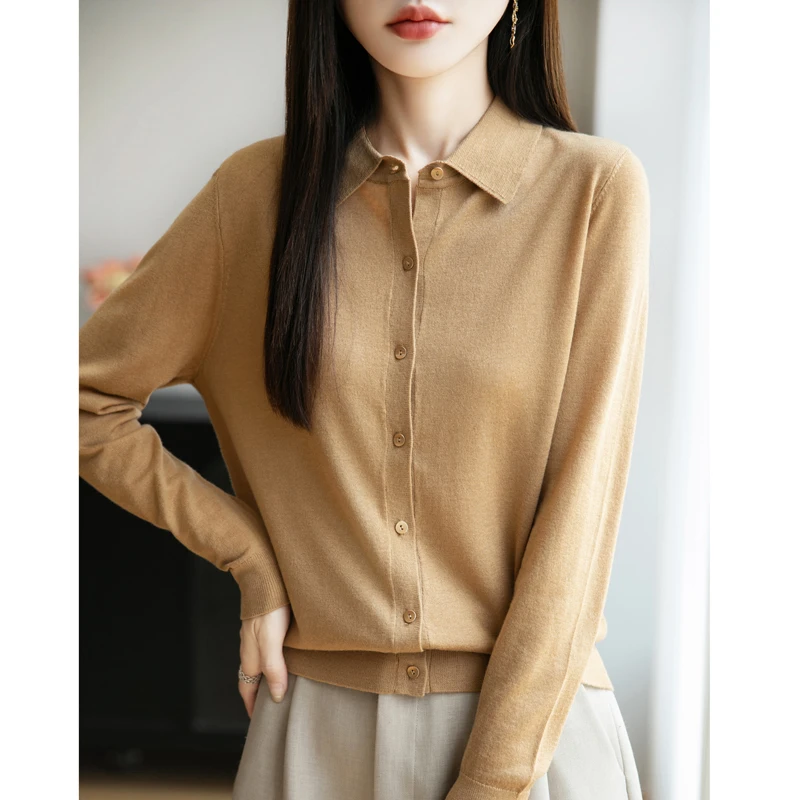 超细精纺羊毛针织开衫女薄款2025新款polo领上衣外套宽松洋气衬衣