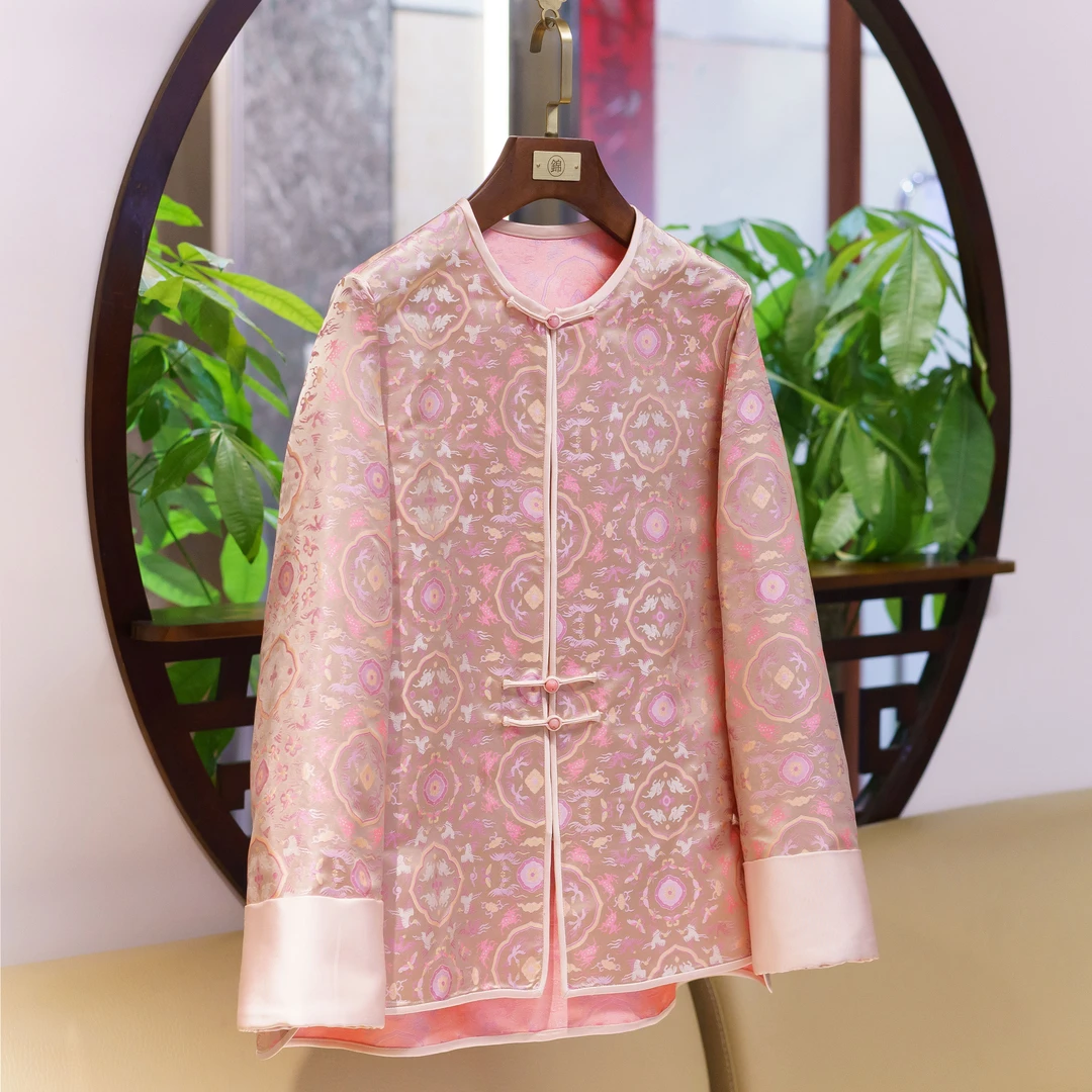 【锦系~新款】真丝提花新中式国风桑蚕丝袖口撞色长袖外套-E-411202