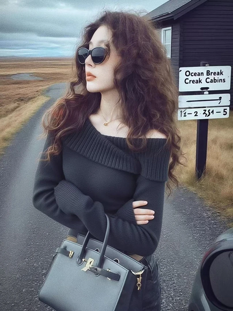 SS5021不规则一字肩长袖针织衫女秋季新款修身上衣斜肩毛衣针织衫