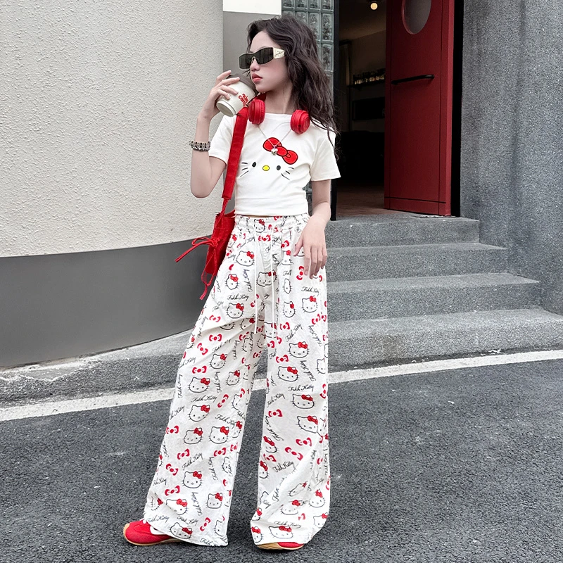 女童夏装阔腿裤套装2025新款女大童夏季短袖儿童卡通休闲裤两件套