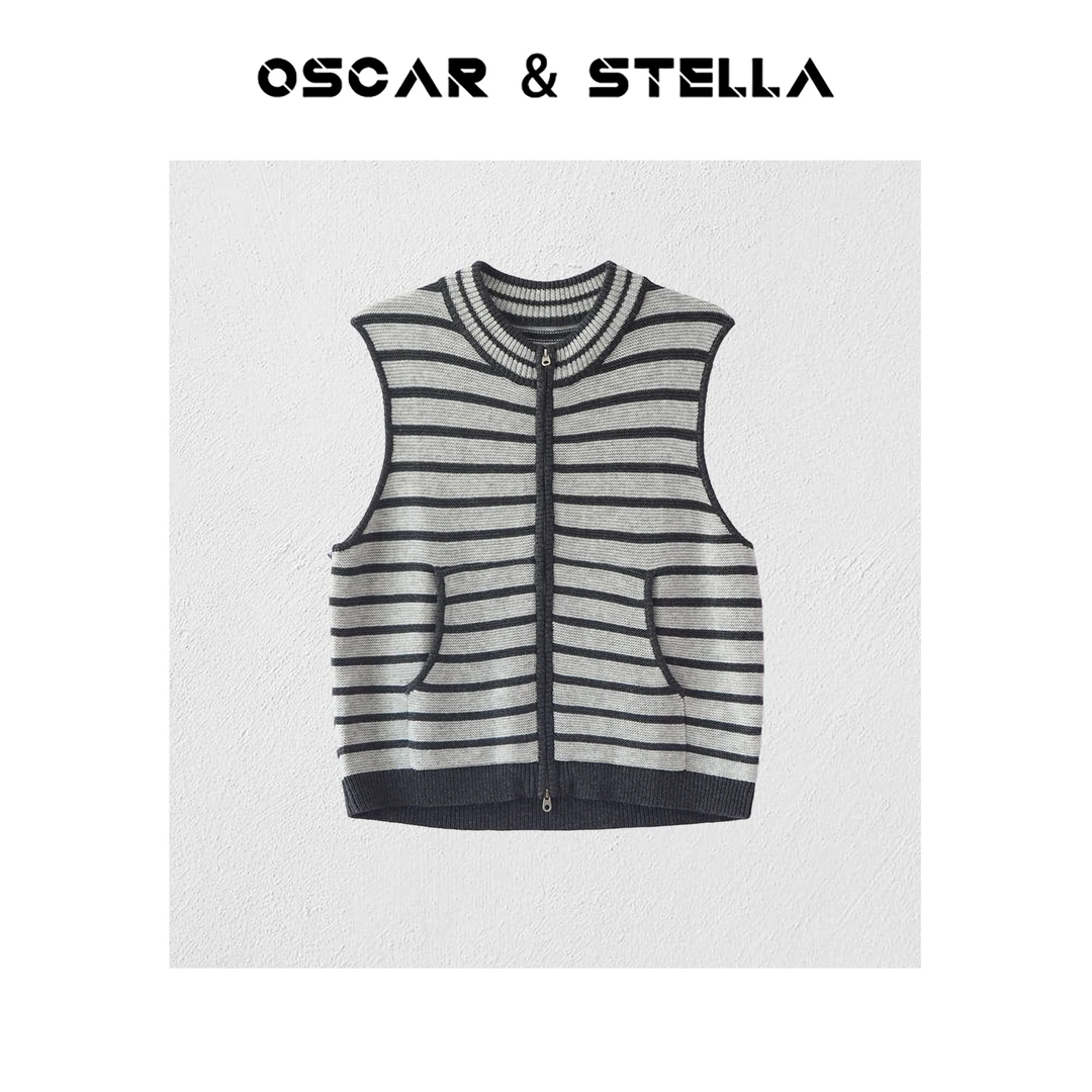 OSCAR&STELLA【拿铁】时尚针织休闲条纹圆领开衫马甲346-50280