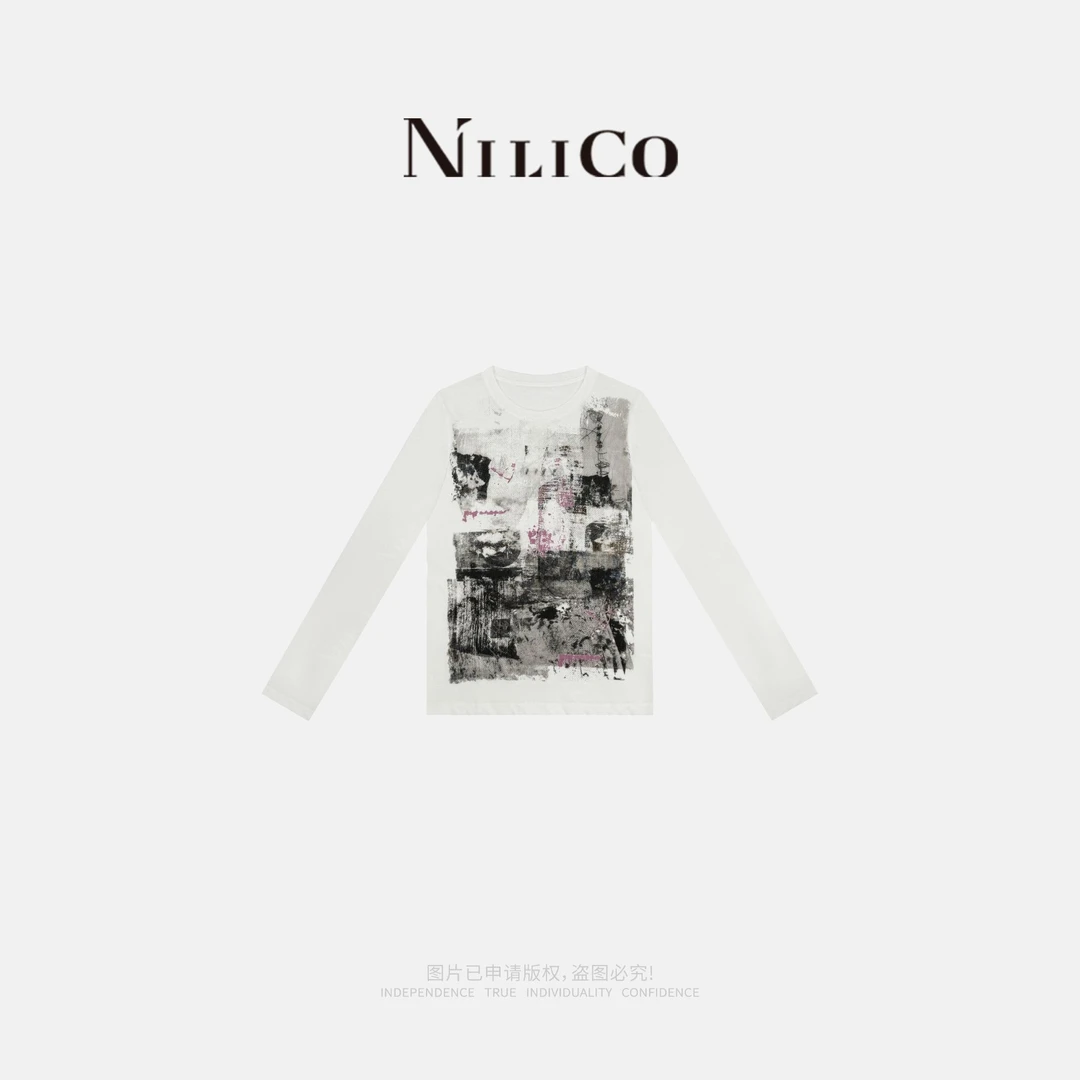 NILICO【墨舞】国风抽象艺术印花轻薄圆领白色新款长袖T恤