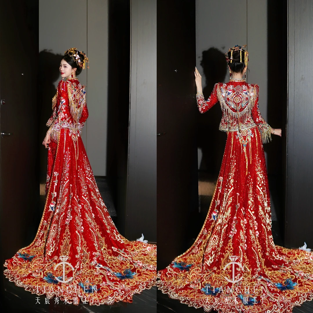 原创定做款 高定印度丝重手工红色重手工可拆卸拖尾新中式秀禾服