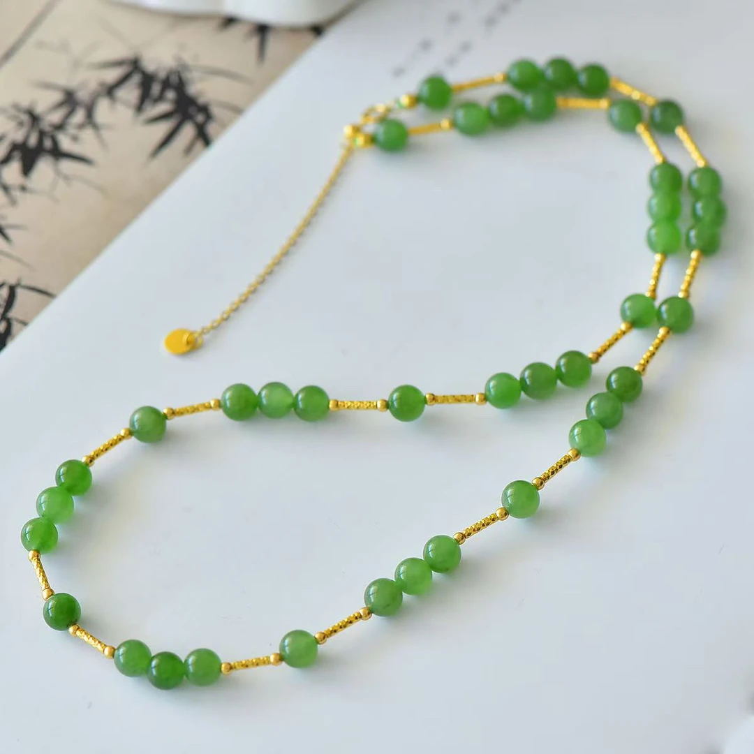 TC32天然和田玉碧玉阳绿圆珠满天星锁骨链 6mm约 s925银