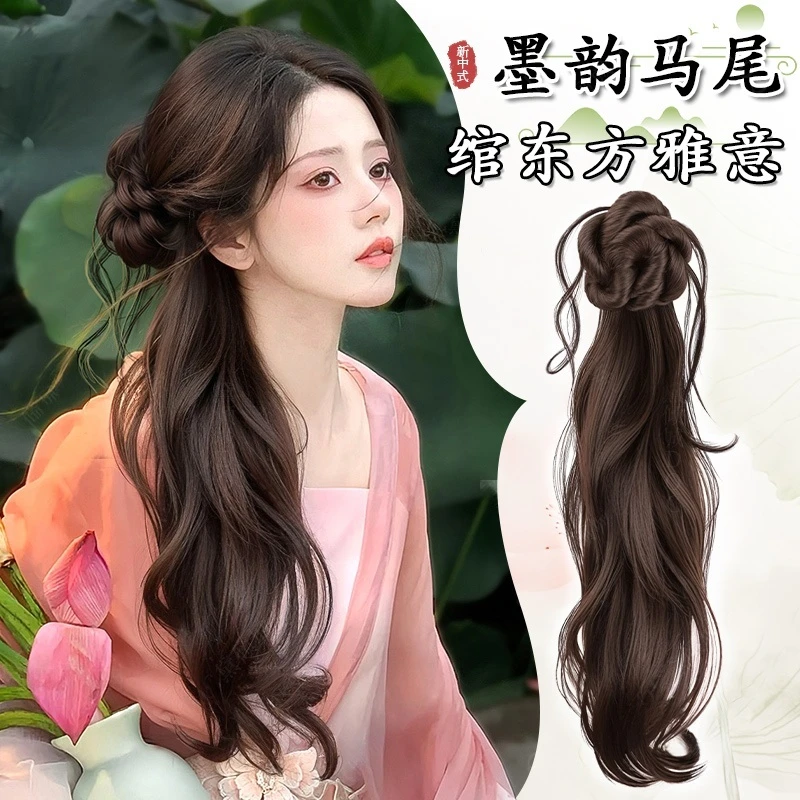 假发辫马尾女新中式花苞马尾假发辫子仿真人发古风假发抓夹侧马尾