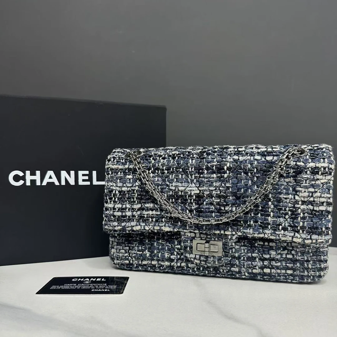 95新 Chanel/香奈儿 粗花呢编织2.55链条包25开卡25cm/JJ5092214