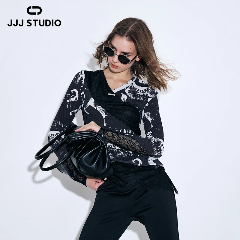 【春上新】JJJ STUDIO 花色蕾丝交叉拼接小V领涂鸦上衣女JDWWS1N008
