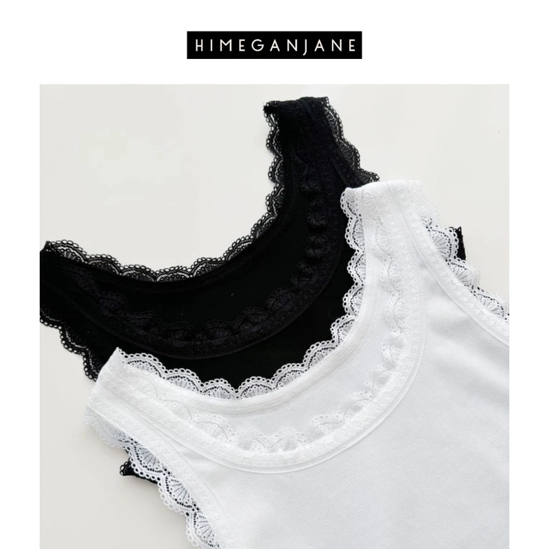 HIMEGANJANE 法式蕾丝拼接背心 立体坑条肌理感吊带452323