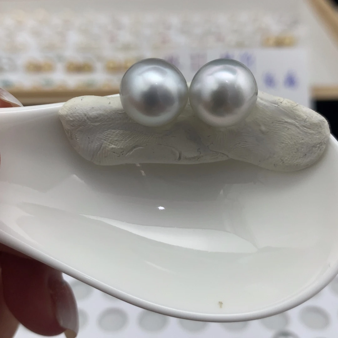 海水珍珠裸珠11-12mm澳白银蓝光对珠