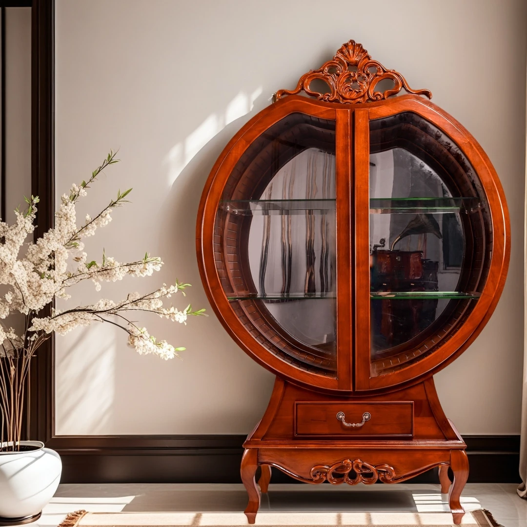 美式实木苹果玻璃酒柜客厅靠墙展示柜新型欧式酒柜异形陈列架摆件