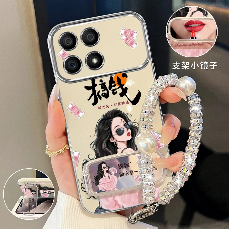 适用红米k70/k70pro搞钱小富婆手机壳补妆镜折叠支架防摔创意女款