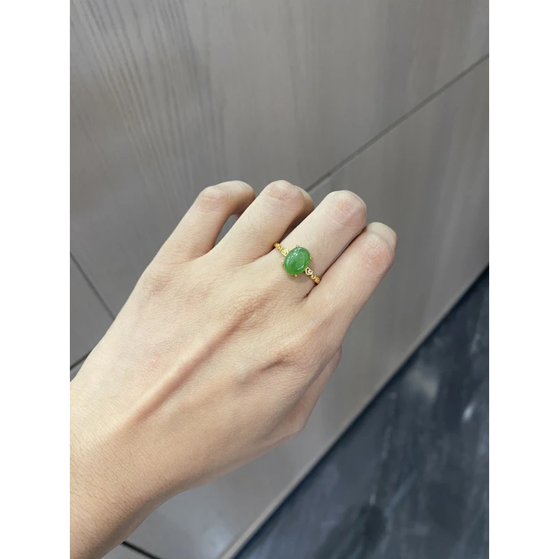 宝森和田玉戒指心四爪碧玉戒s925银镀金镶嵌气质百搭好看经典推荐