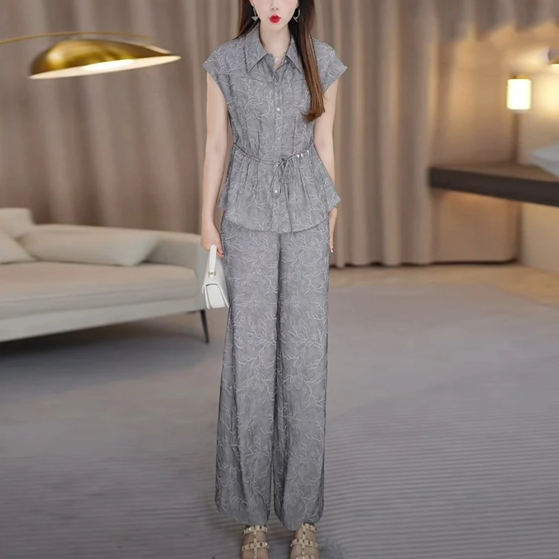 气质女装妈妈装夏季套装2025新款爆款洋气女神范显瘦阔腿裤两件套