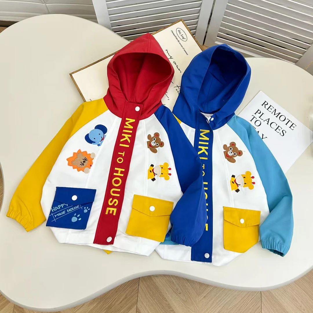 儿童4只小动物口袋撞色外套冲锋衣外套