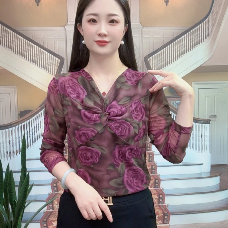 V领纱网长袖秋季法式印花抗皱T恤时尚百搭显瘦女士上衣打底衫020