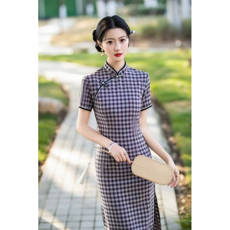 0677 【黑格子】 三耳扣 气质 旗袍