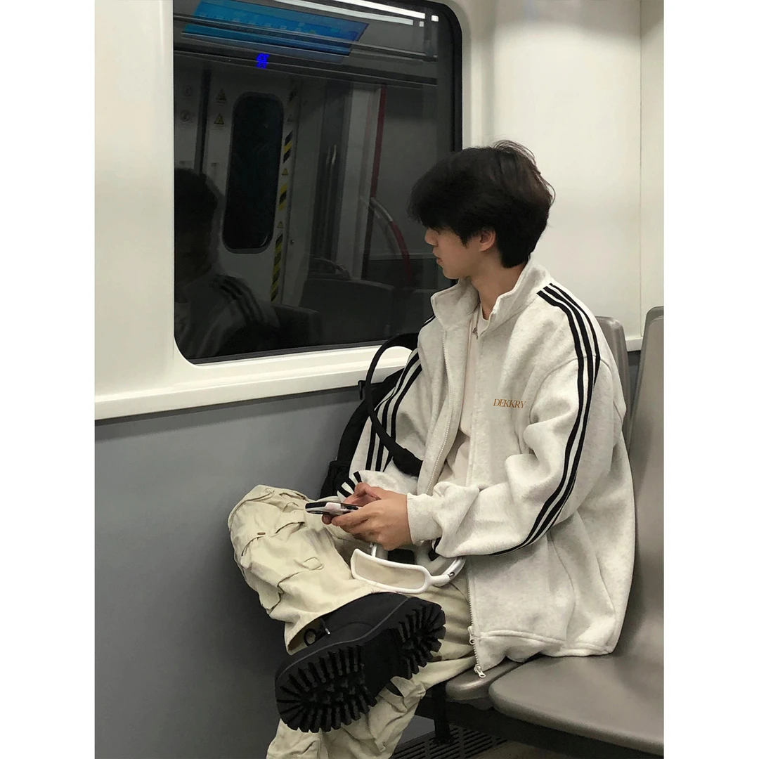 美式潮流简约字母印花三条杠开衫拉链卫衣男女秋冬季立领情侣外套